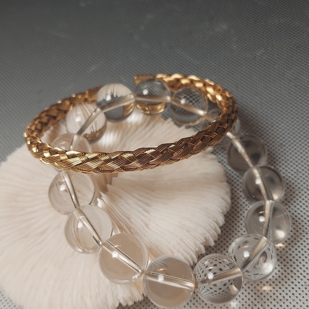 Gold plated braid cuff crystal ball beads stretch bracelet unisex new